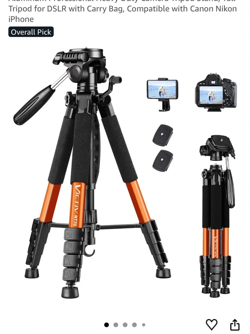 Victiv Tripod, 74” Camera Tripod for Cell Phone with Phone Holder, Orange
